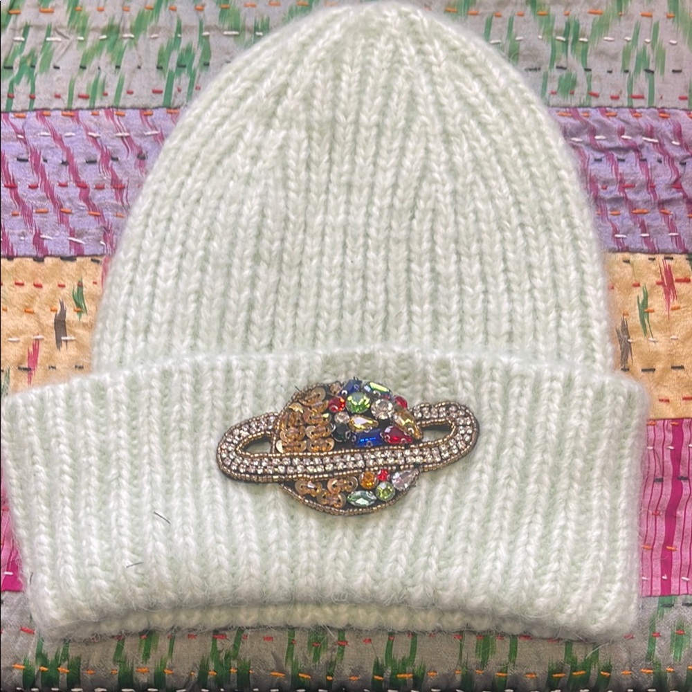 Women's Knit Beanie with Crystal Embellishment - sage green